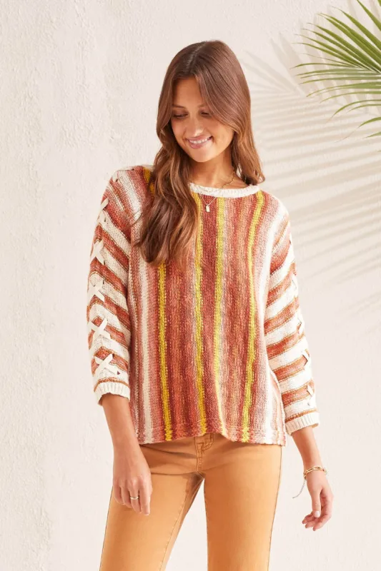 COTTON KNIT SWEATER WITH LACE-UP DOLMAN SLEEVE-Brandy multi sold by Tribal
