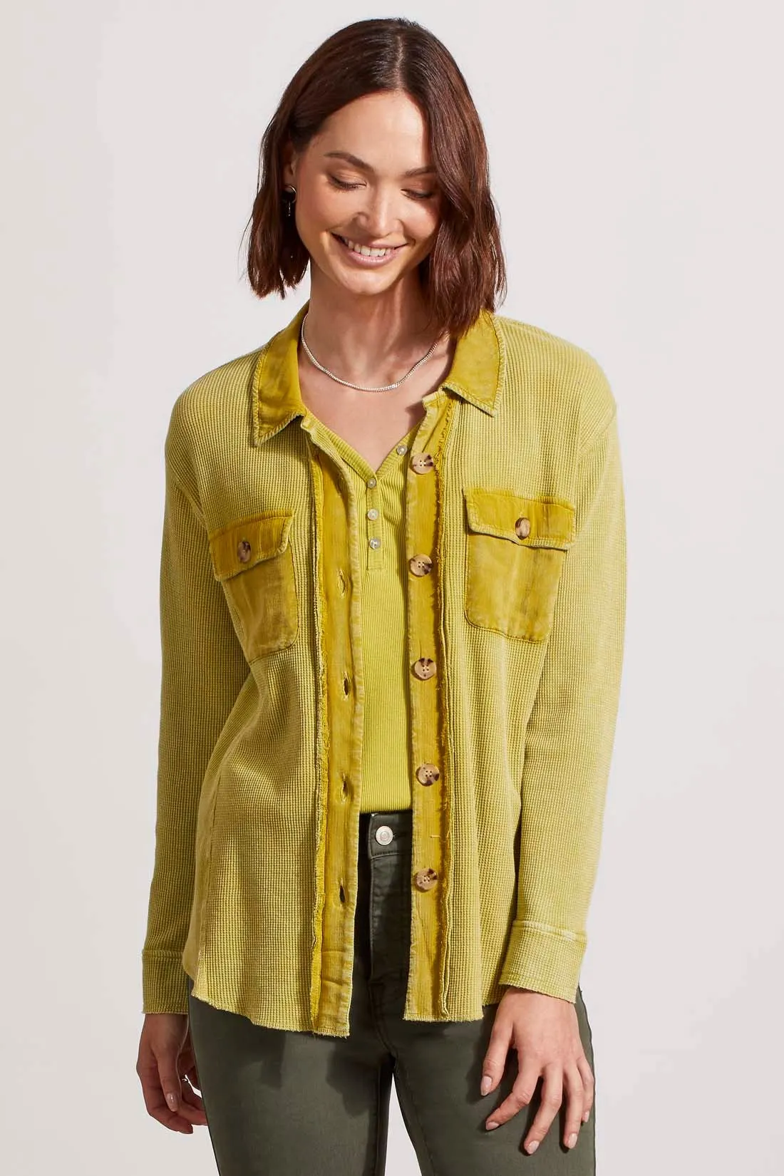 VINTAGE WASH WAFFLE SHACKET-Pear sold by Tribal