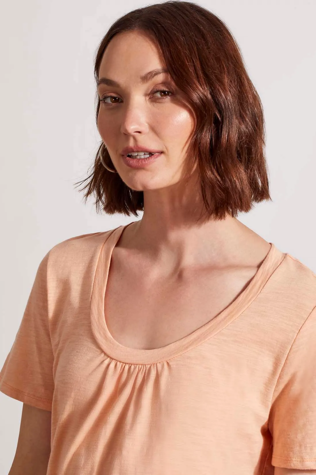 COTTON U-NECK TOP WITH SHIRRING-Peach sun sold by Tribal