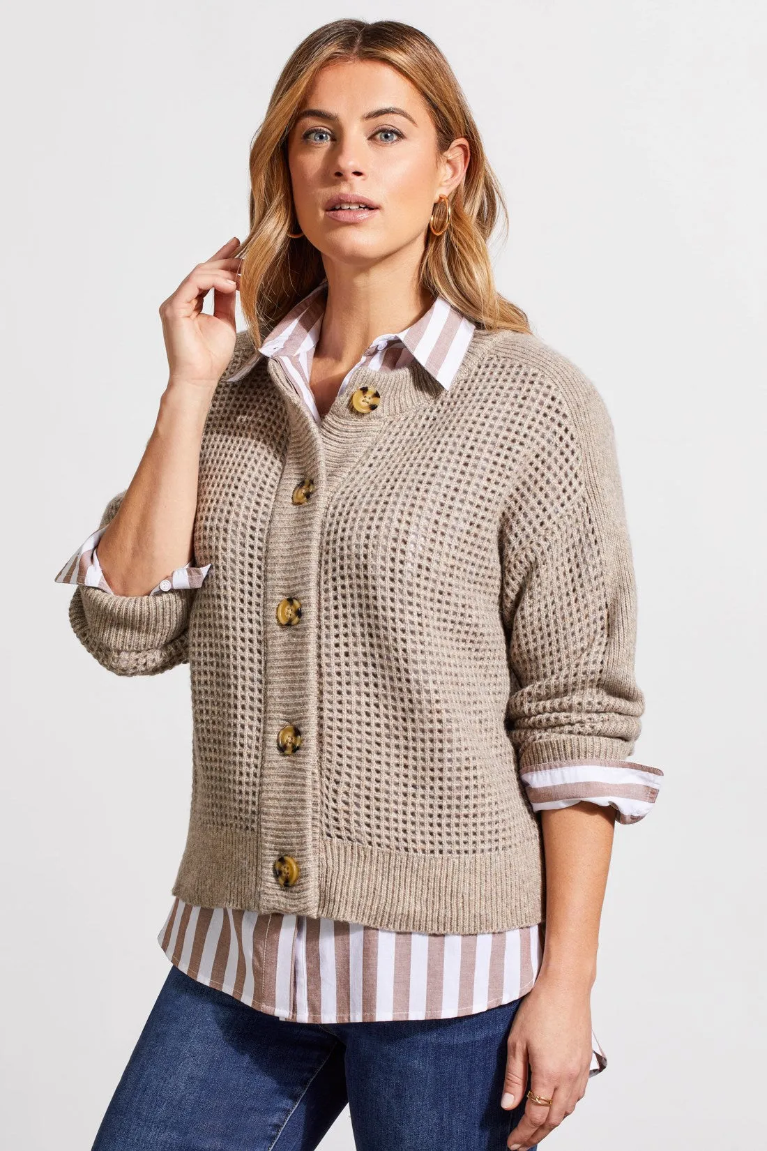 Open Knit Long Sleeve Crew Neck Sweater Cardigan-Dk.Oatmeal sold by Tribal product image thumbnail 5