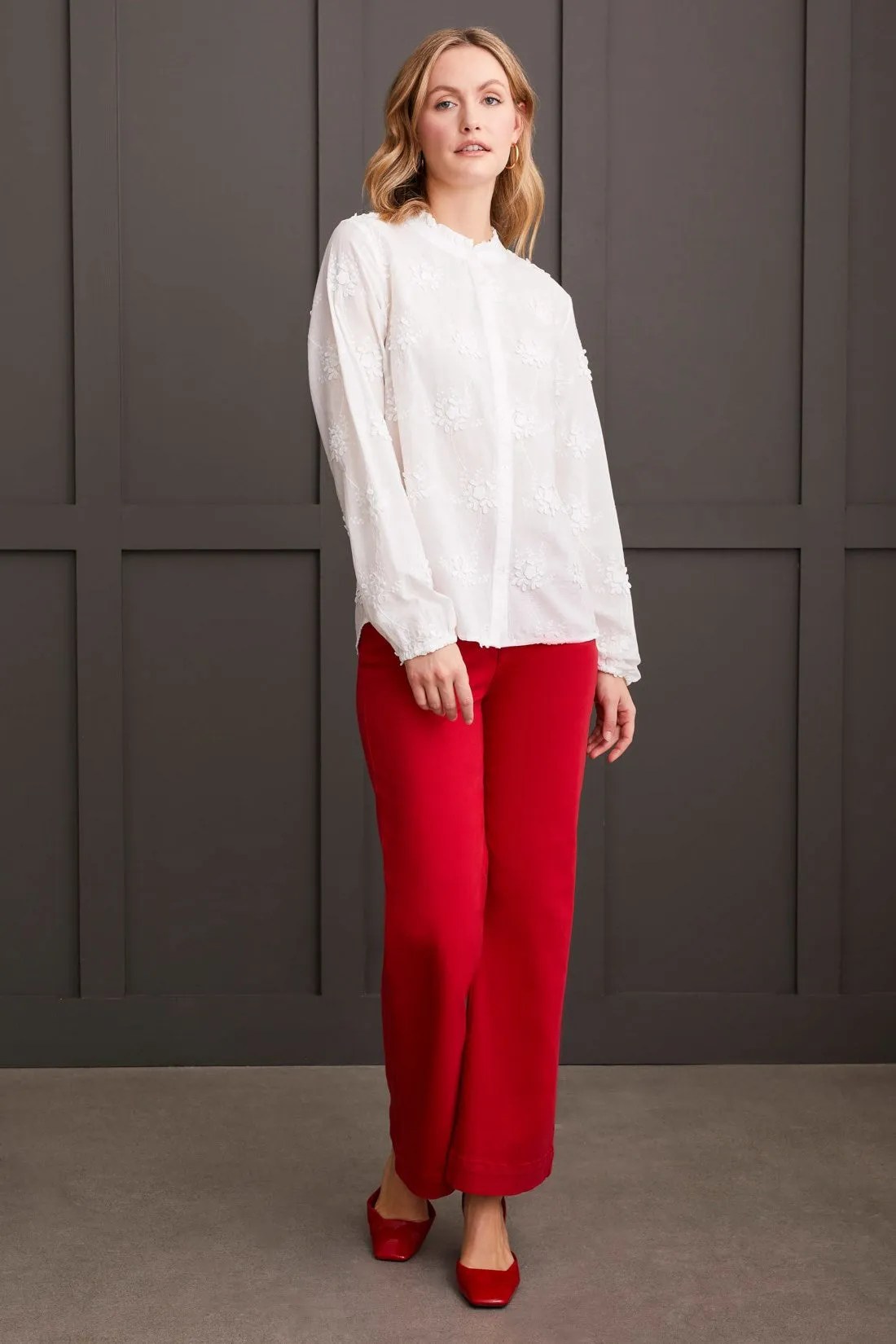 Floral Embroidered Blouse With Ruffled Collar-Cream sold by Tribal