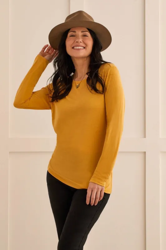 RUCHED LONG-SLEEVE TOP WITH ASYMMETRICAL HEM-Marigold sold by Tribal