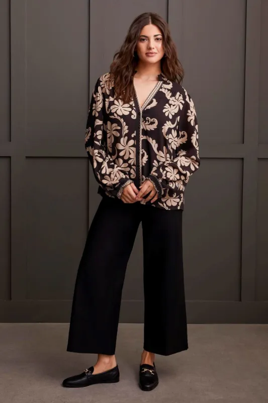 Printed Crepe Blouse With Smocked Collar-Black sold by Tribal