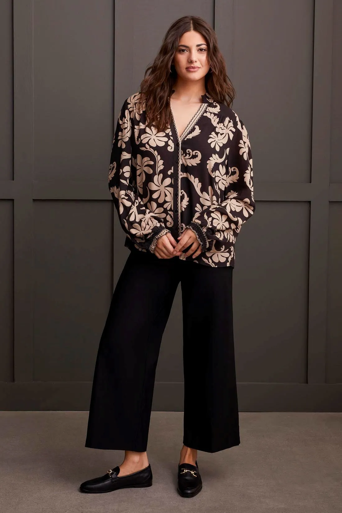 Printed Crepe Blouse With Smocked Collar-Black sold by Tribal