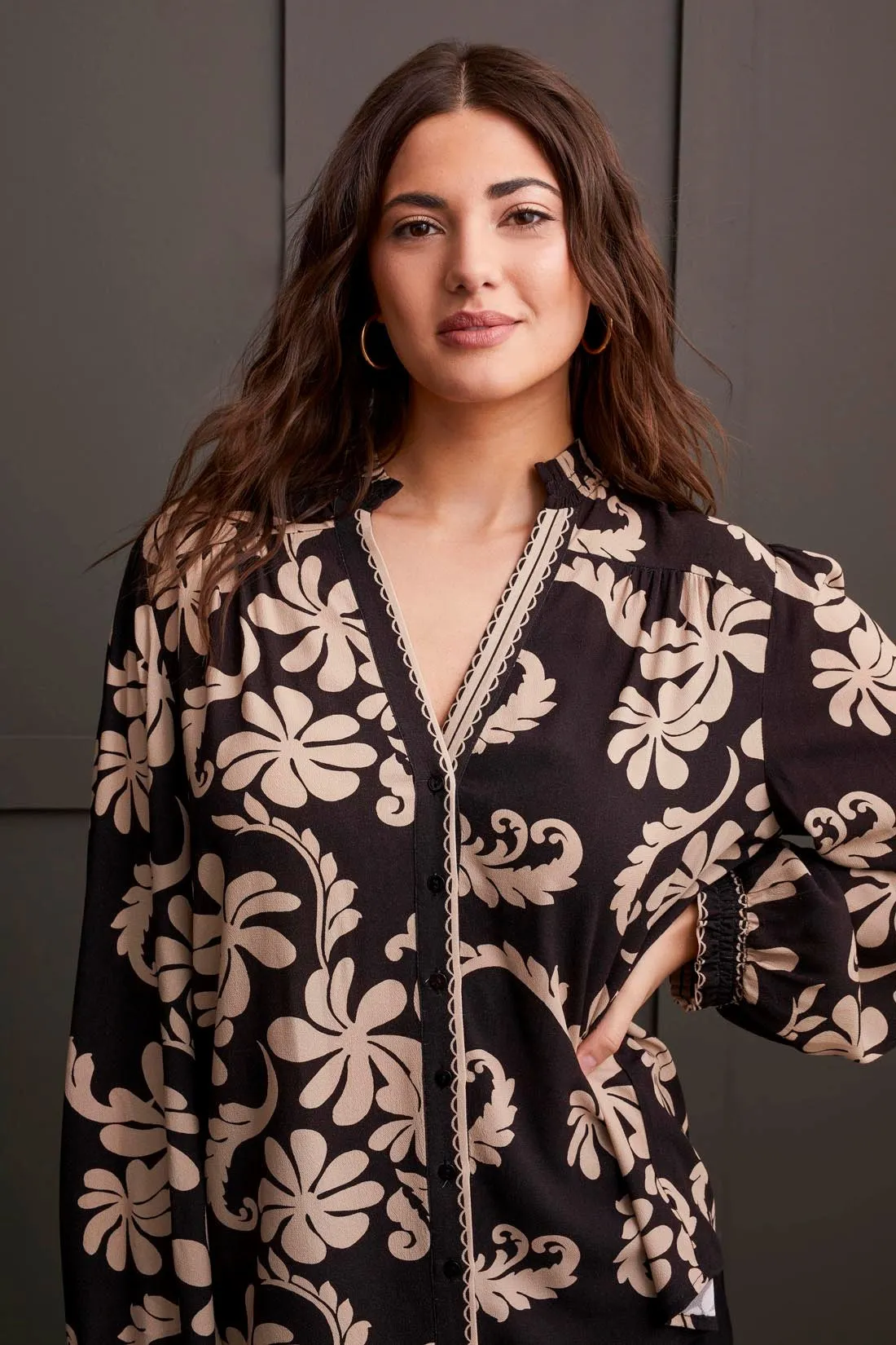 Printed Crepe Blouse With Smocked Collar-Black sold by Tribal product image thumbnail 2