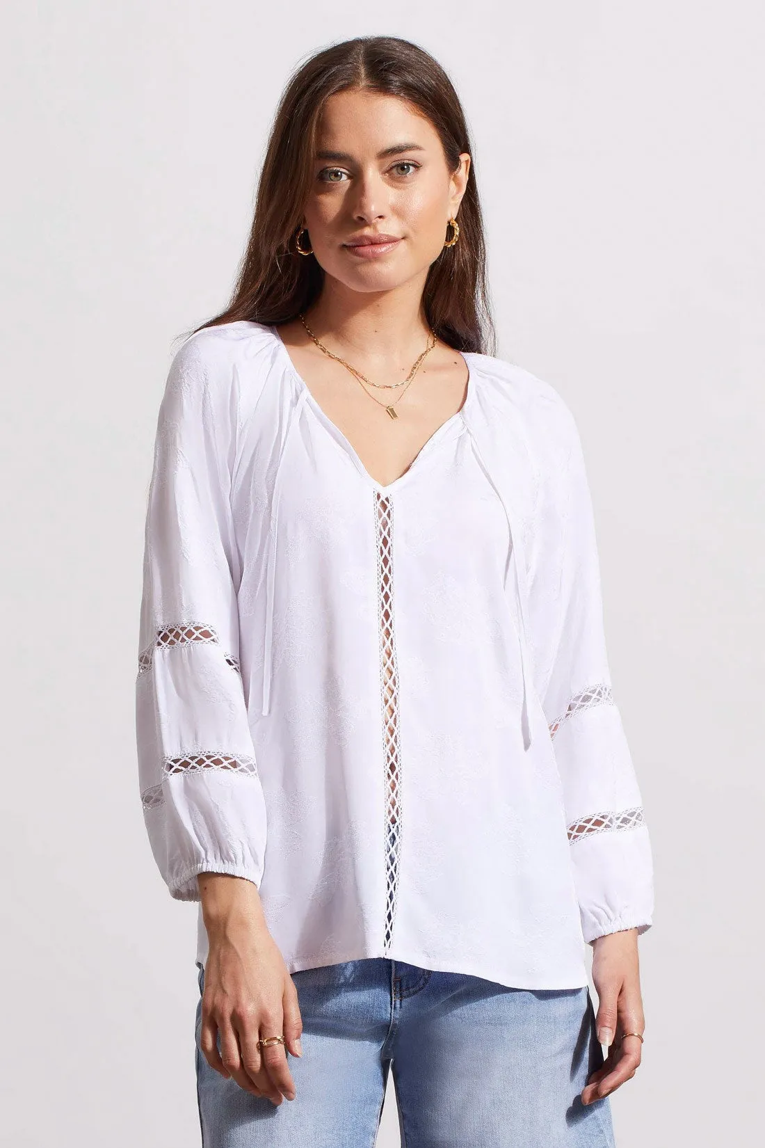 FLOWY PUFF-SLEEVE TOP WITH TAPE INSERTS-White sold by Tribal