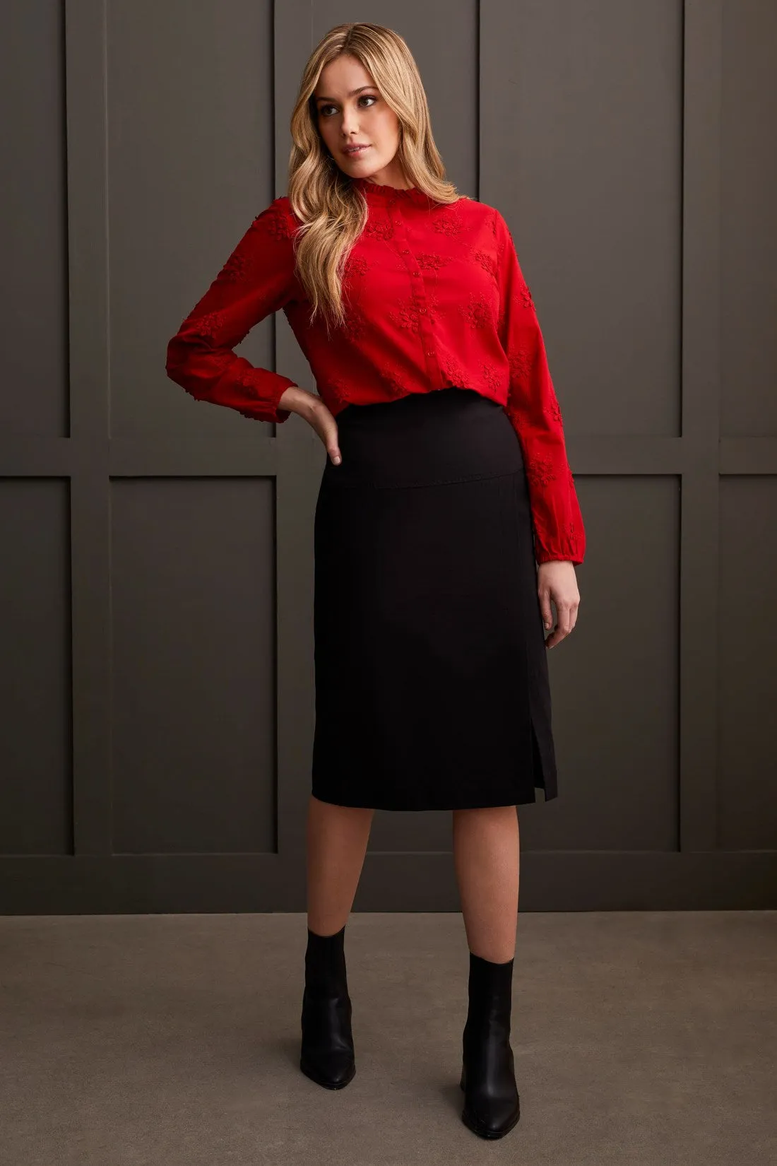 FLORAL EMBROIDERED BLOUSE WITH RUFFLED COLLAR-Scarlet sold by Tribal