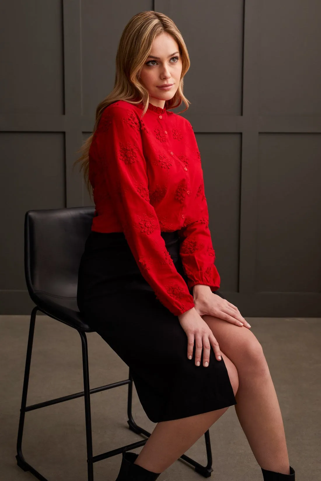 FLORAL EMBROIDERED BLOUSE WITH RUFFLED COLLAR-Scarlet sold by Tribal product image thumbnail 2