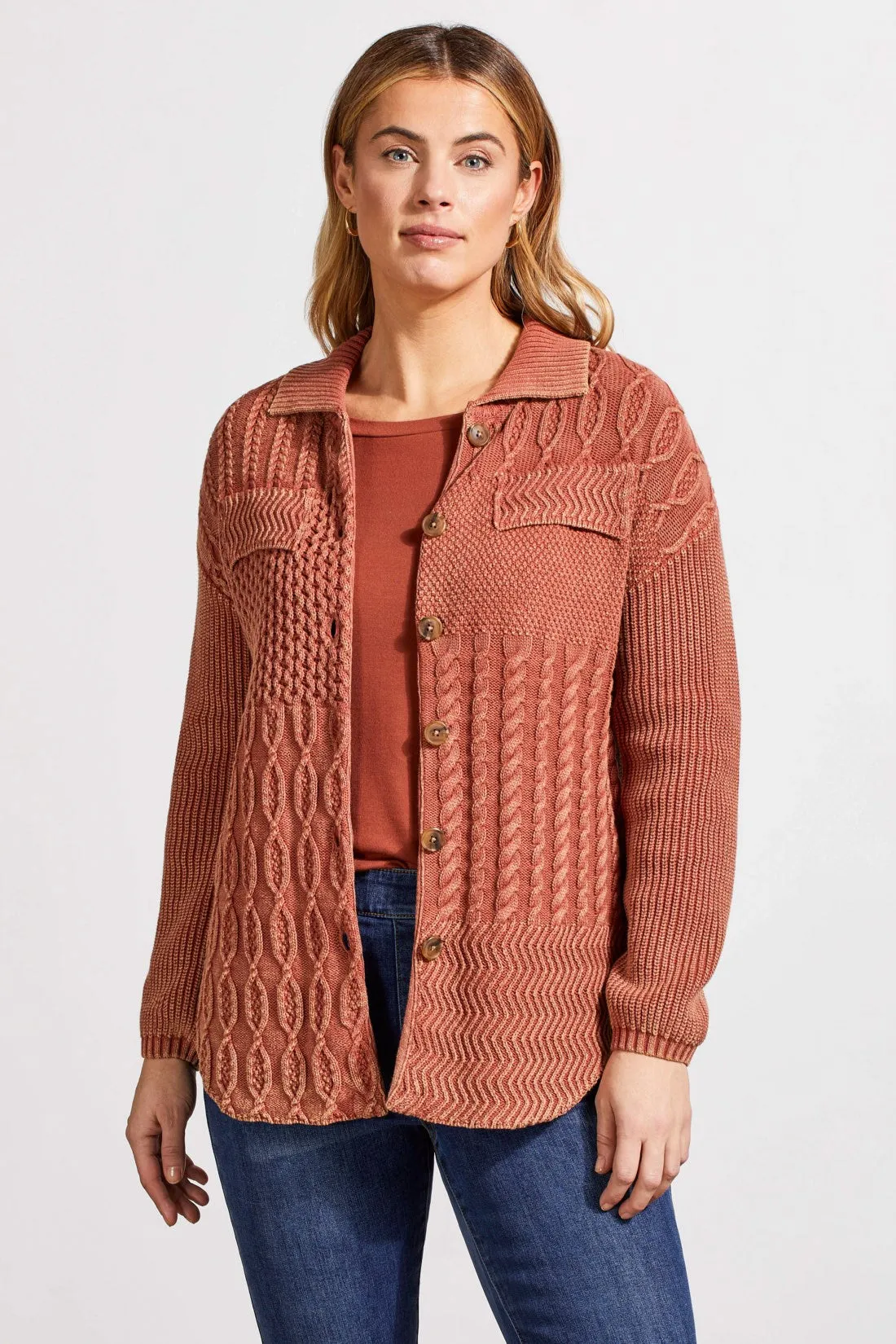 Patchwork Knit Shacket With Contrast Buttons-Marsala sold by Tribal
