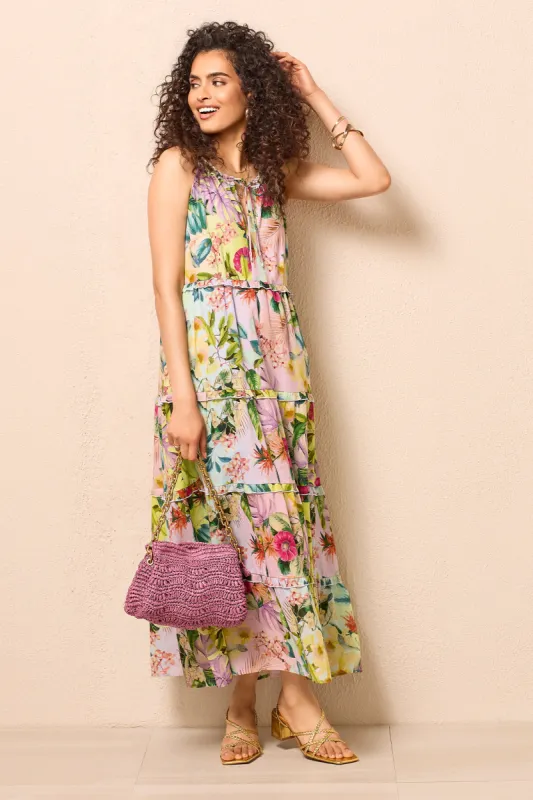 TIERED PRINTED SLEEVELESS DRESS-Sea salt sold by Tribal