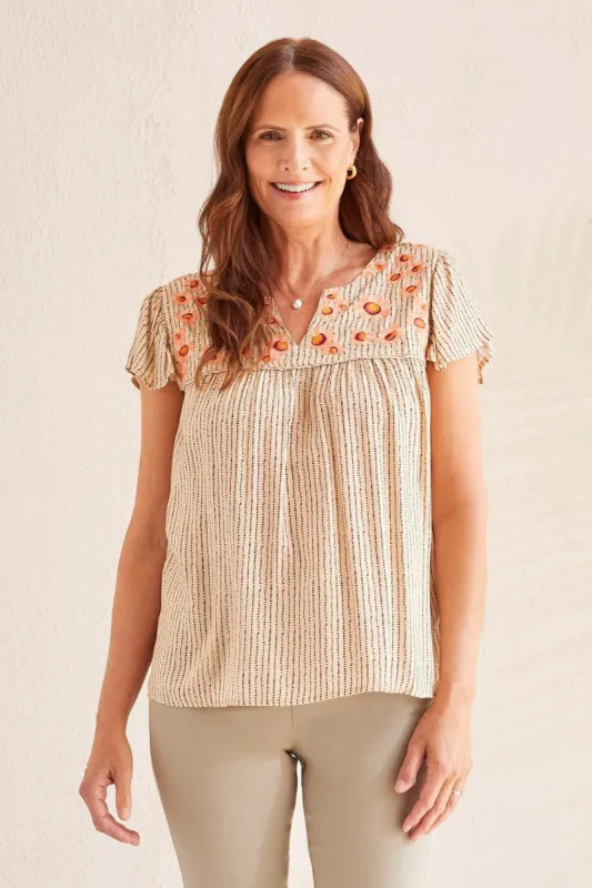 PRINTED CHALLIS BLOUSE WITH FLUTTER SLEEVES-Linen sold by Tribal