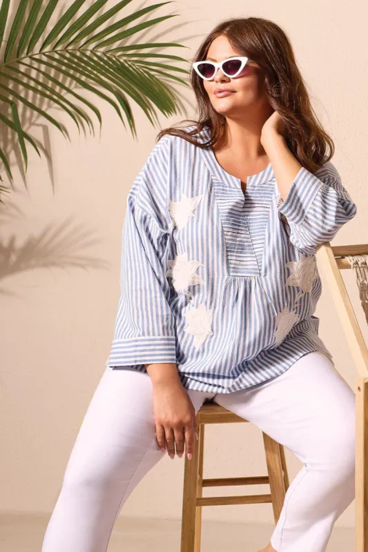 PRINTED COTTON BLOUSE WITH FLORAL EMBROIDERY-Bluestar sold by Tribal