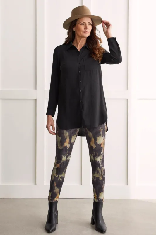 Pebbled Crepe Roll-Sleeve Tunic Shirt-Black sold by Tribal