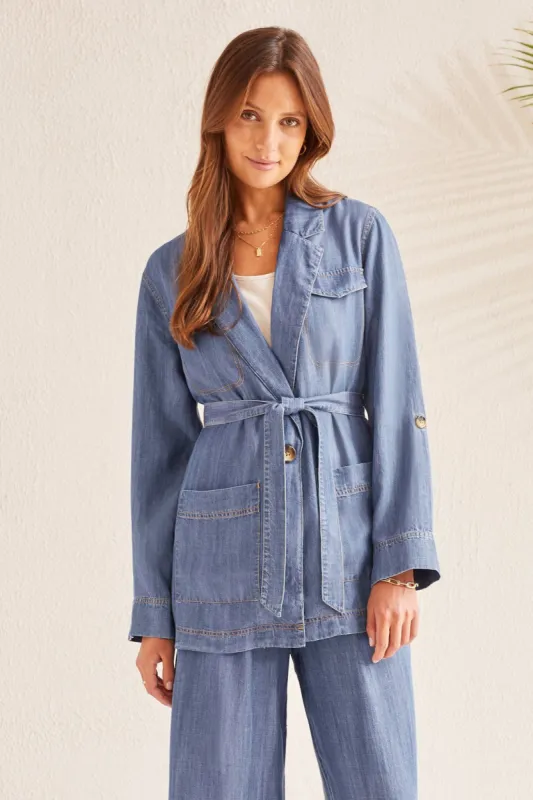 FLOWY JACKET WITH REMOVABLE BELT-Dk. chambray sold by Tribal