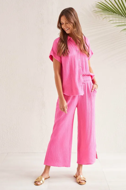 COTTON GAUZE WEAR 2 WAYS WIDE LEG PANT WITH SLITS-Hi pink sold by Tribal