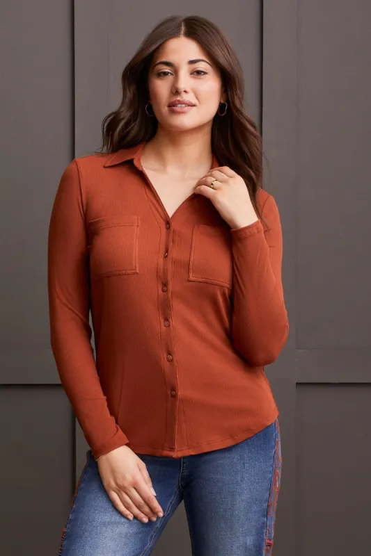 Soft Touch Mini Rib Button-Up Shirt-Marsala sold by Tribal