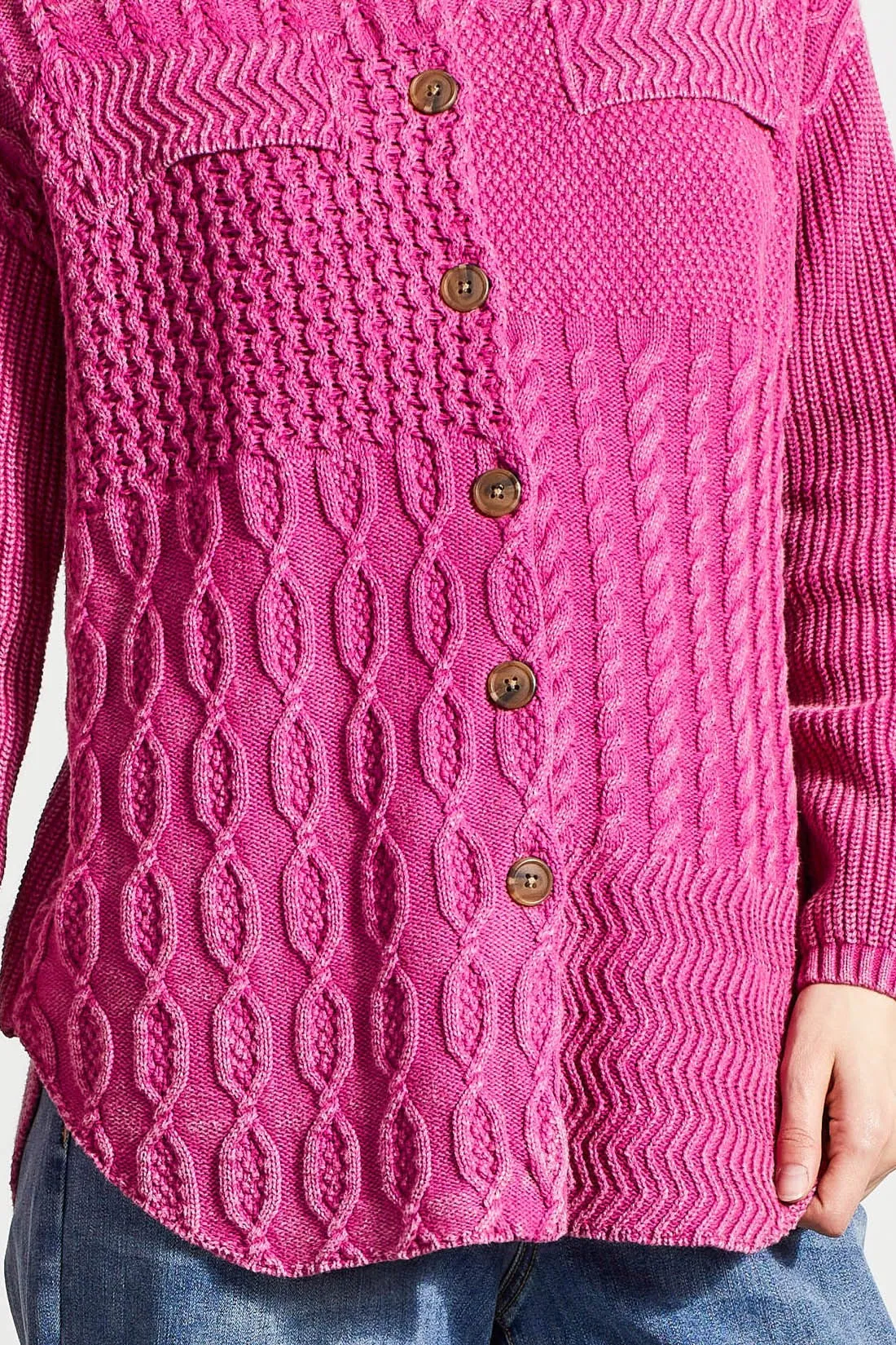 Patchwork Knit Shacket With Contrast Buttons-Magenta Haze sold by Tribal product image thumbnail 4
