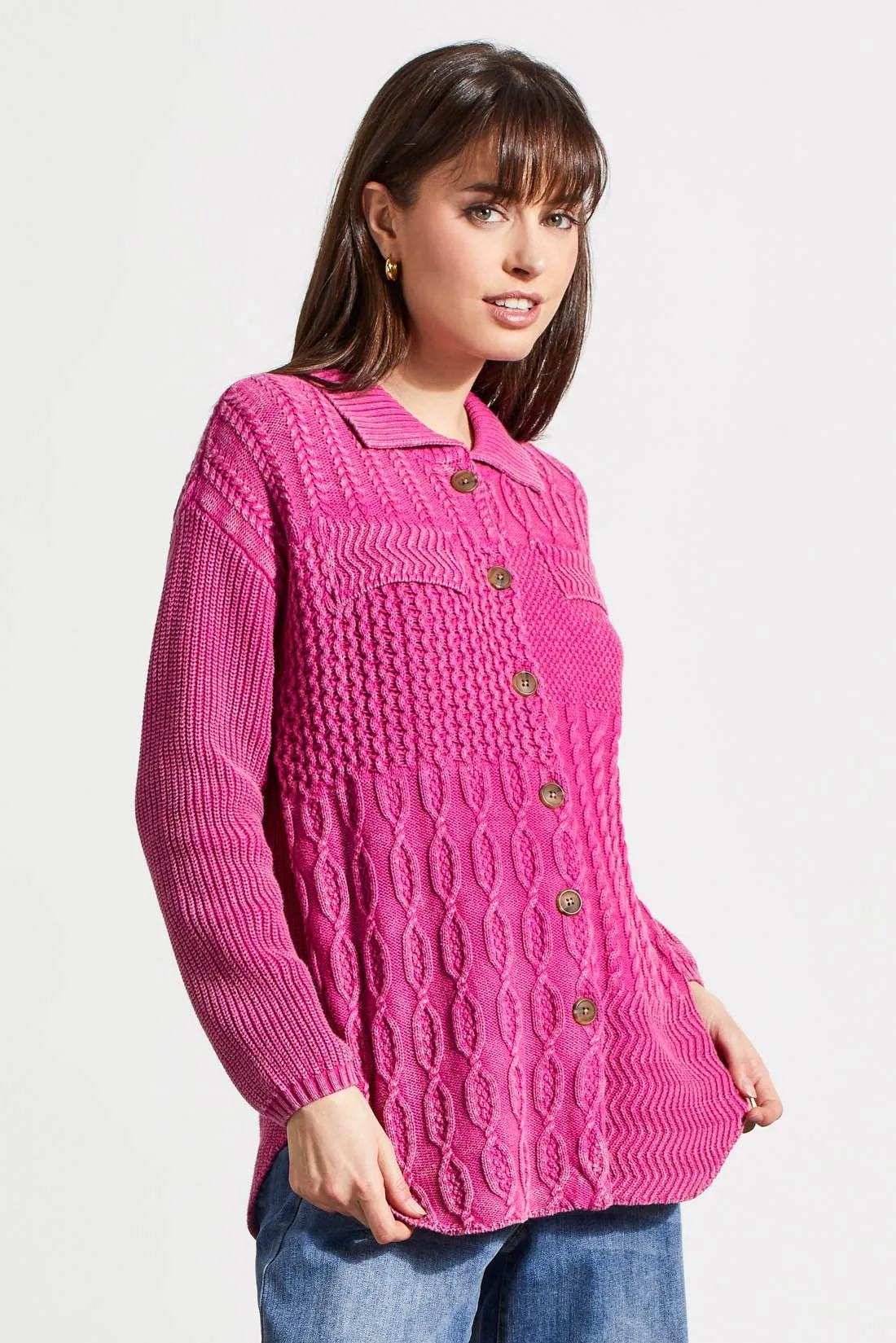 Patchwork Knit Shacket With Contrast Buttons-Magenta Haze sold by Tribal