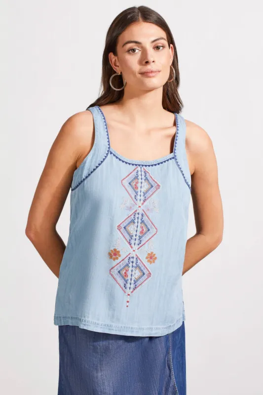 Embroidered Flowy Cami With Side Slits-Blue White sold by Tribal
