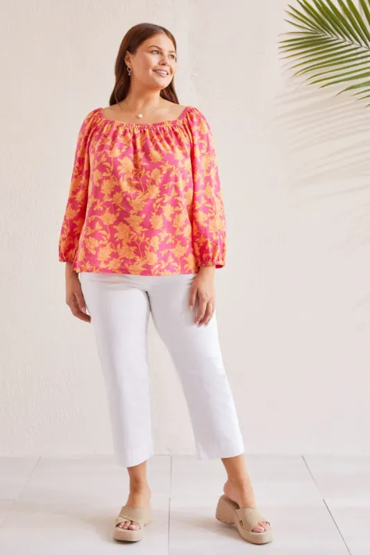 FLORAL SQUARE NECK PEASANT TOP-Raspberry sold by Tribal