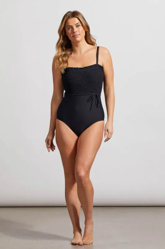 FLATTEN IT® TUMMY CONTROL ONE-PIECE SWIMSUIT WITH SMOCKED DETAILS-Black sold by Tribal
