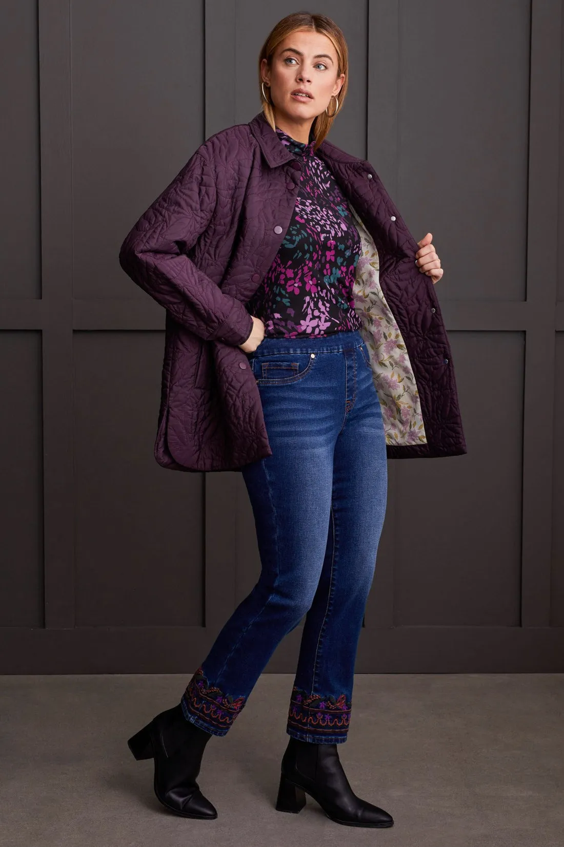 QUILTED SNAP FRONT SHACKET WITH PATTERNED LINING-Raisin sold by Tribal