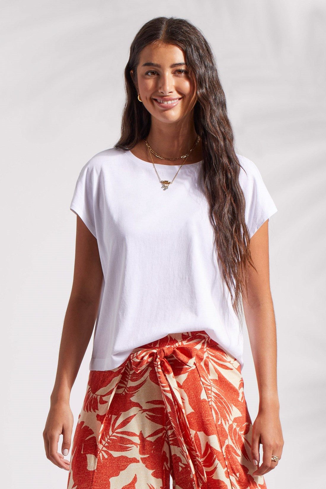 COTTON CREW NECK TEE WITH CAP SLEEVES-White sold by Tribal