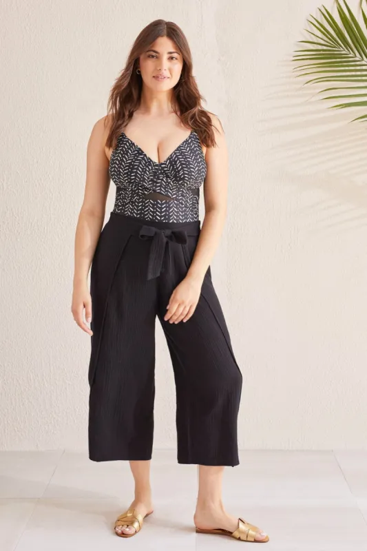COTTON GAUZE FAUX WRAP PULL-ON COVER-UP CAPRI-Black made by Tribal