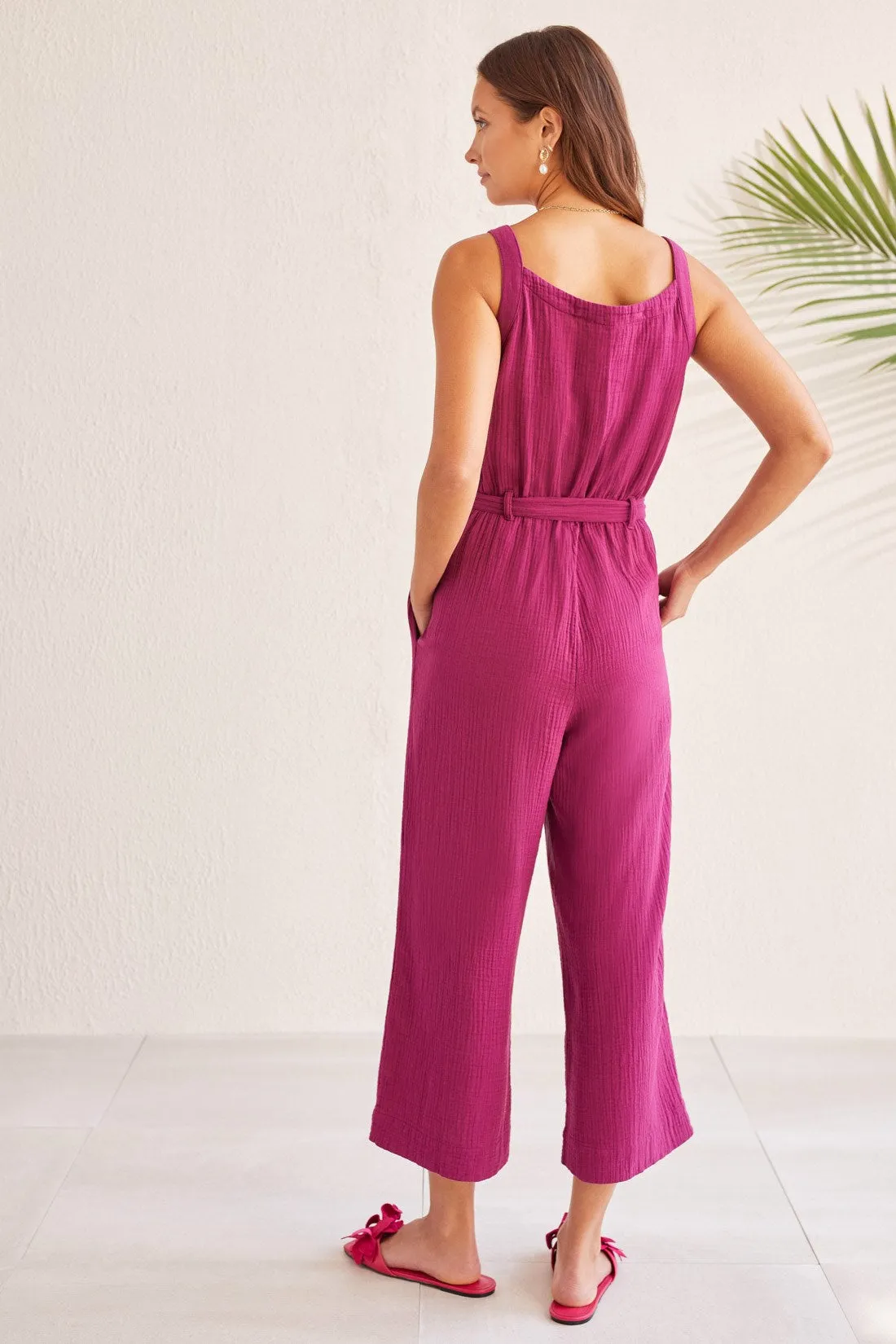 COTTON GAUZE BELTED JUMPSUIT-Plum sold by Tribal product image thumbnail 4