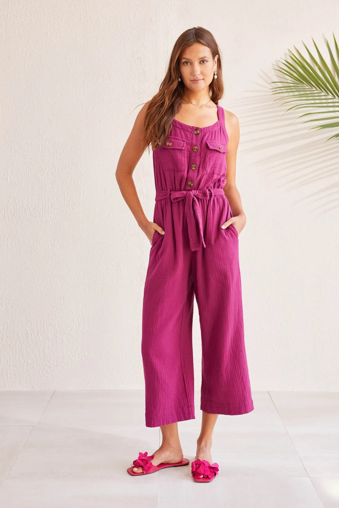 COTTON GAUZE BELTED JUMPSUIT-Plum sold by Tribal