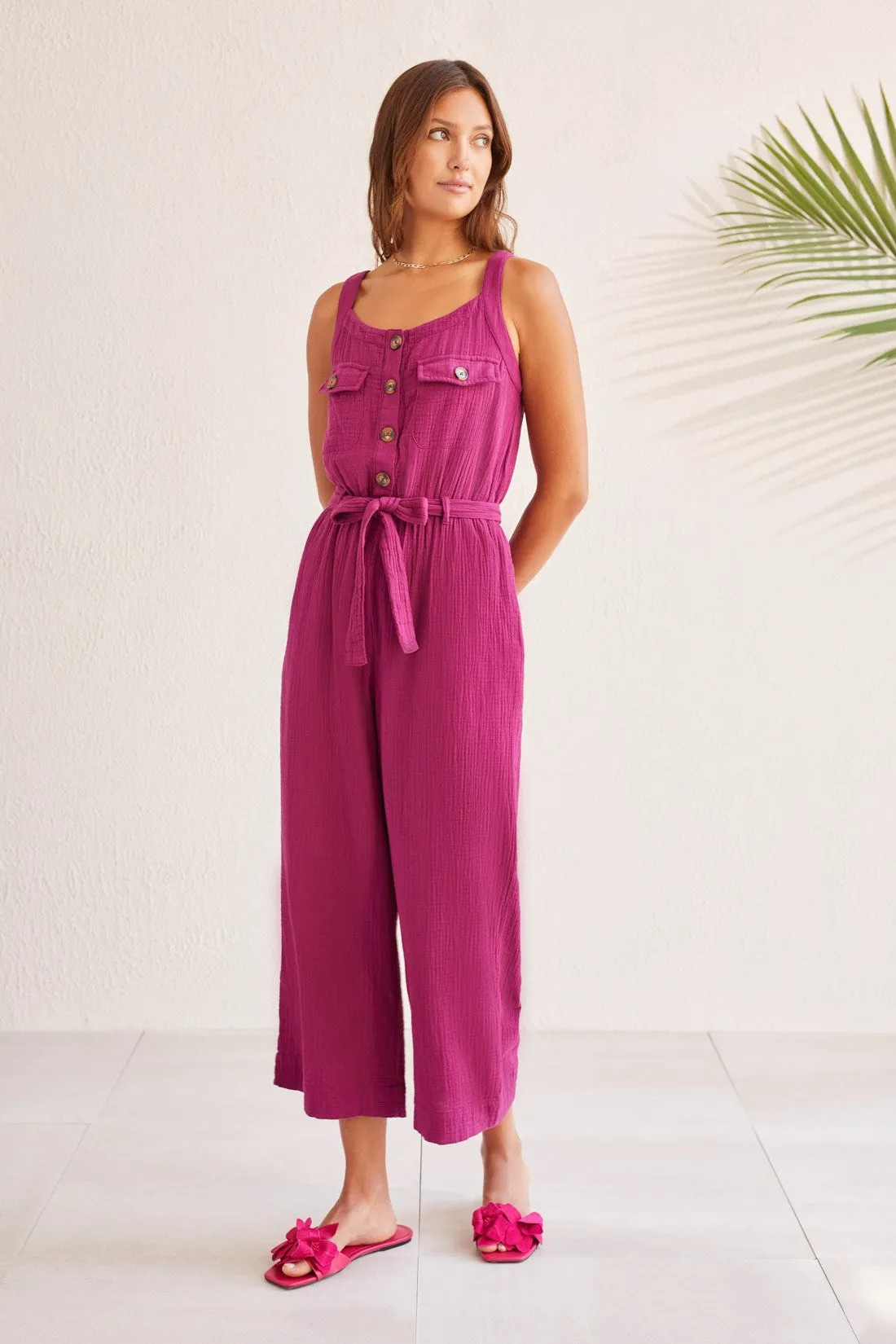 COTTON GAUZE BELTED JUMPSUIT-Plum sold by Tribal product image thumbnail 2