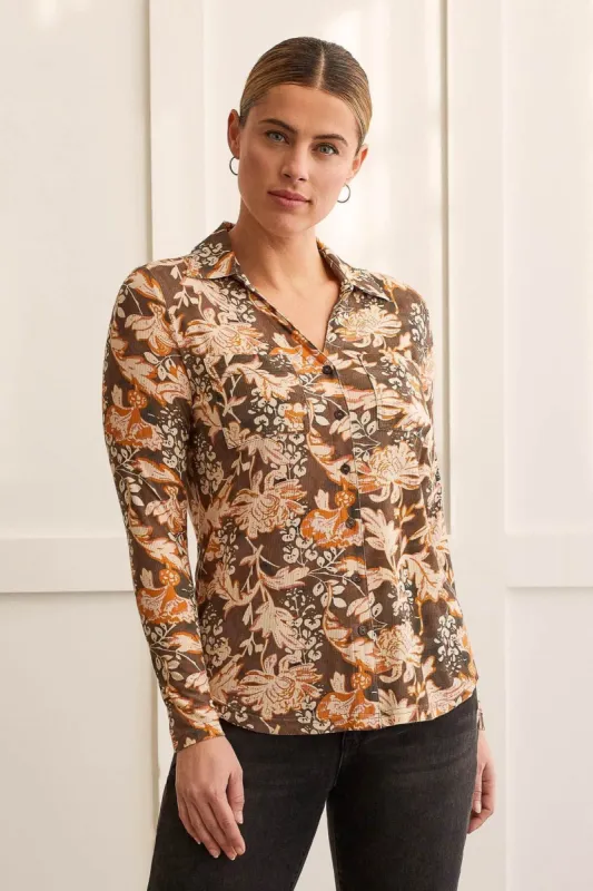 RIB KNIT BUTTON-UP TOP-Black olive sold by Tribal