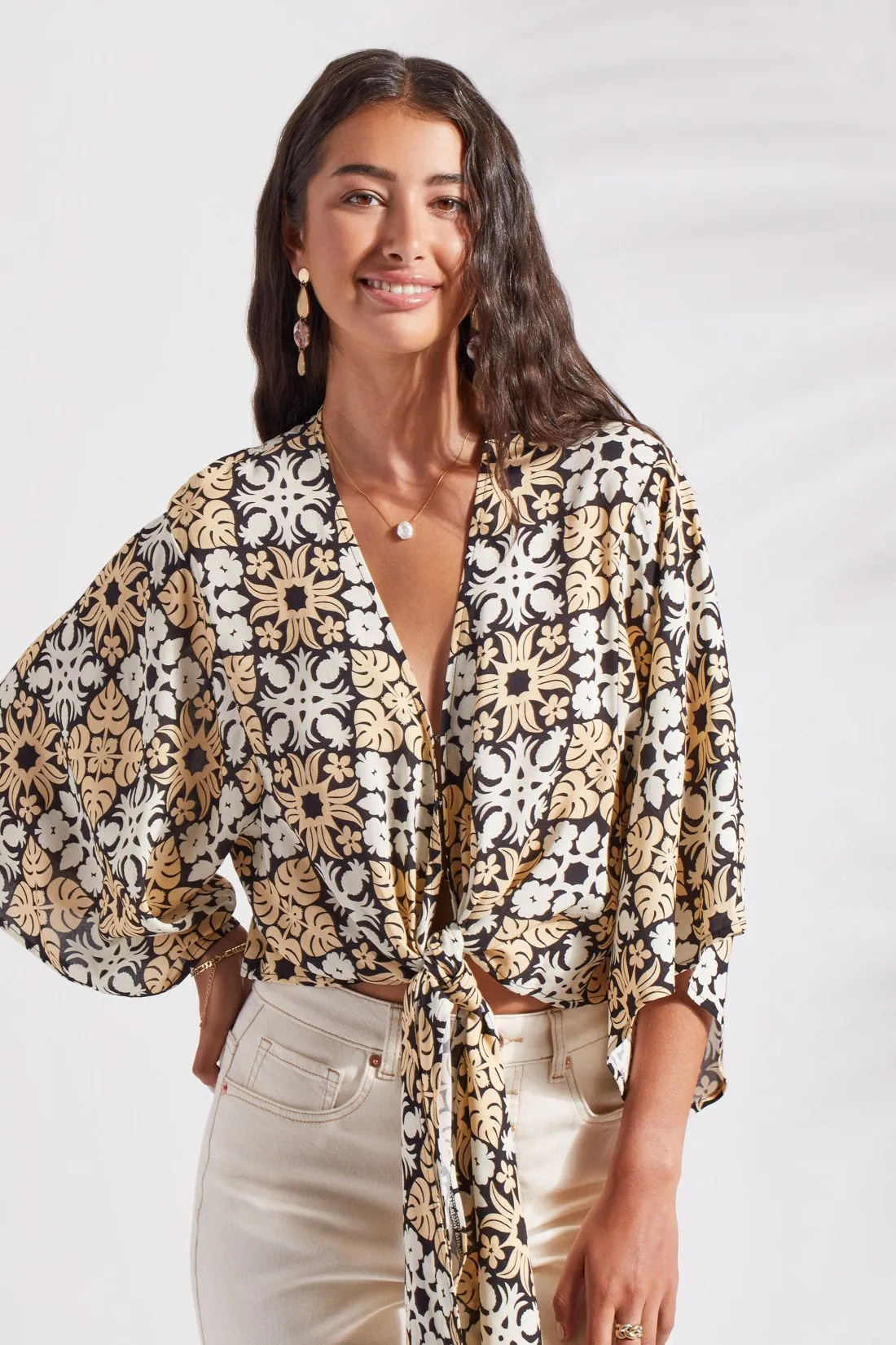 PRINTED KIMONO TOP WITH FRONT TIE-Papeete sold by Tribal