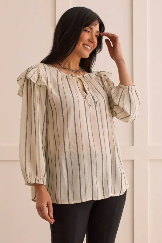 FLOWY BLOUSE WITH SHOULDER RUFFLE-Cream sold by Tribal