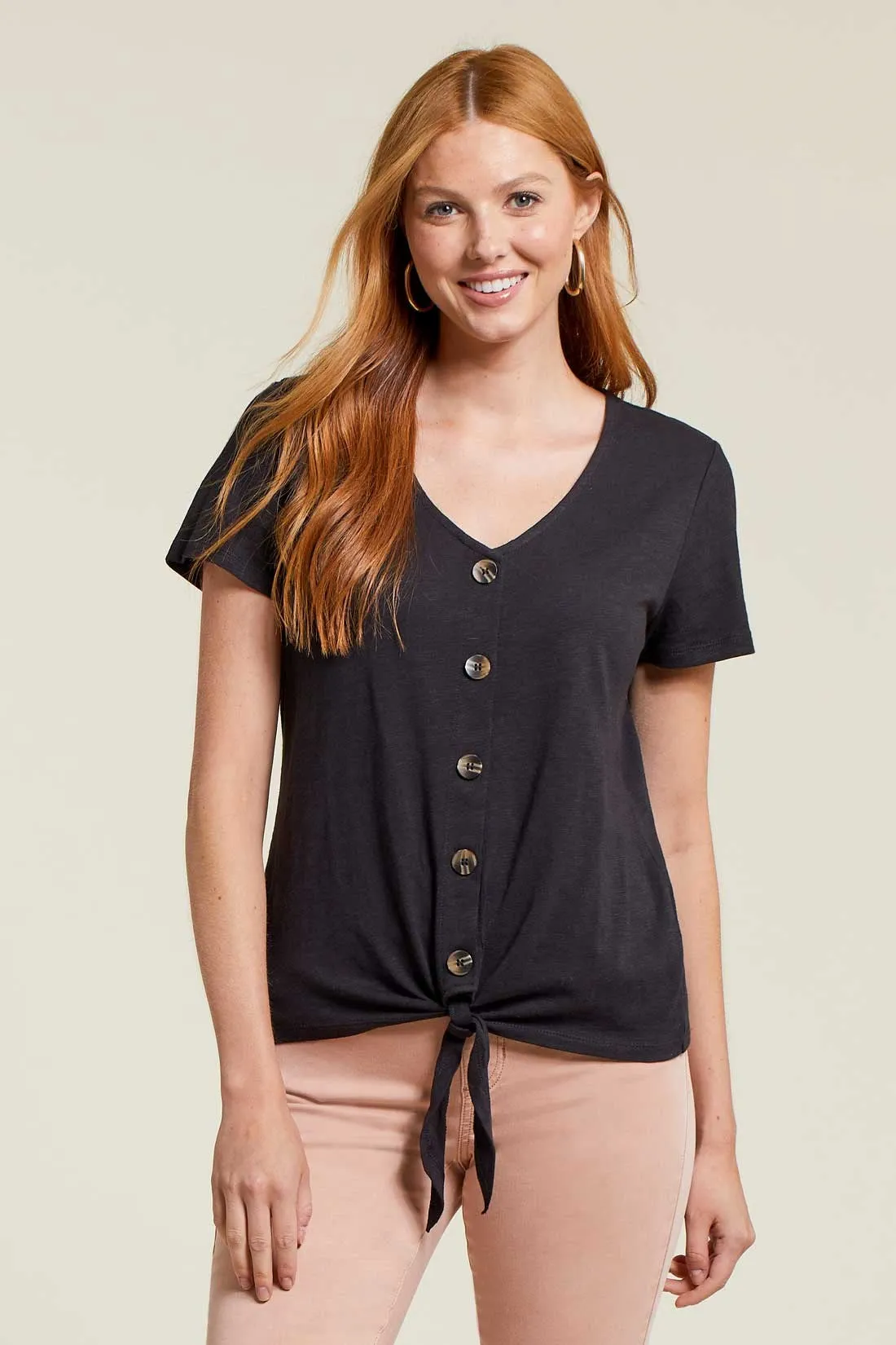 BUTTON KNOT-HEM TOP-Black sold by Tribal