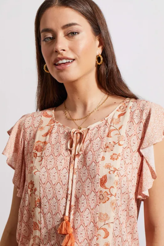 FRILLY CAP SLEEVE BLOUSE WITH COMBO PRINT-Pinkdust sold by Tribal