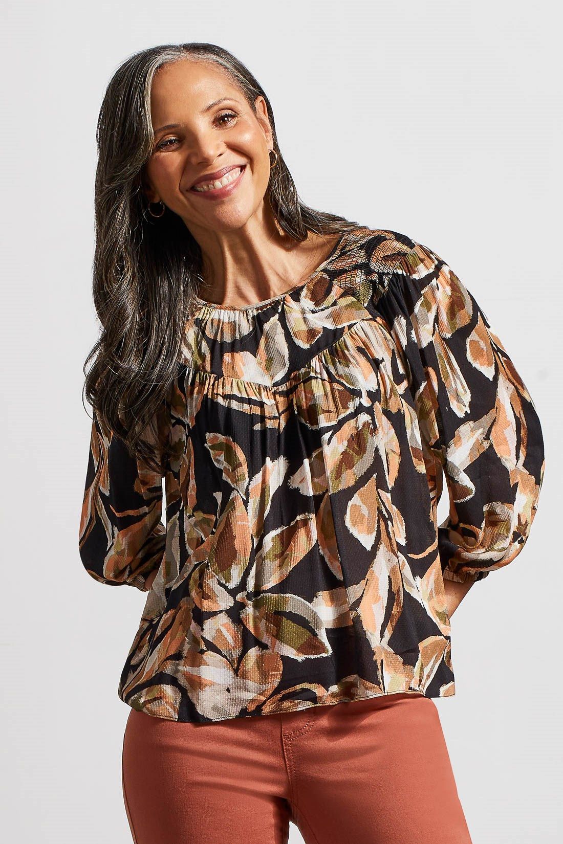 PRINTED CHALLIS BLOUSE WITH SMOCKED DETAILS-Mosstone sold by Tribal