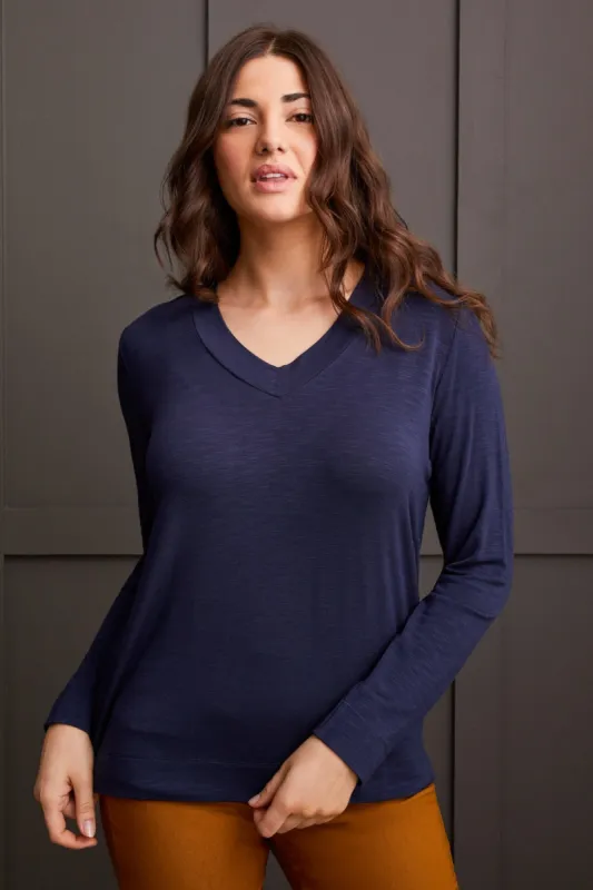 Long-Sleeve V-Neck Top With Side Slits-Sapphire sold by Tribal