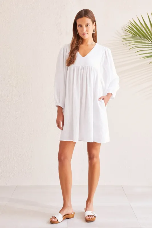 COTTON GAUZE PUFFY SLEEVE DRESS-White sold by Tribal