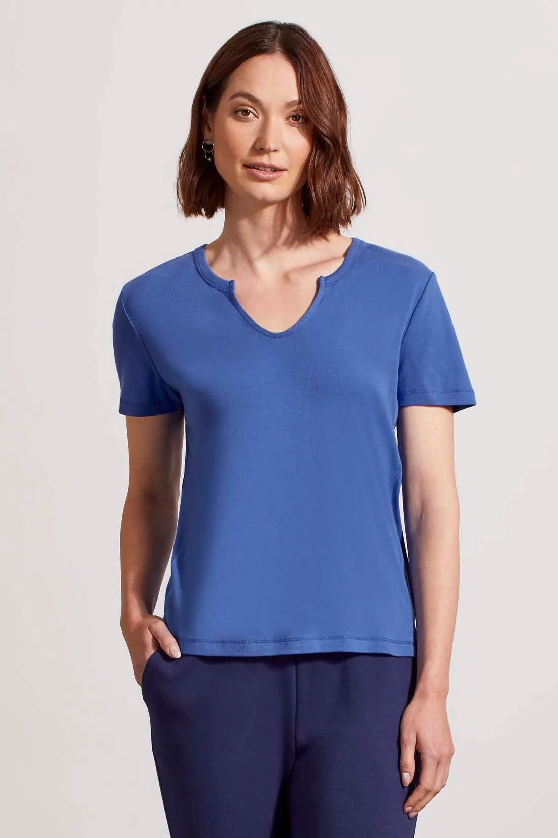 COTTON RIB NOTCH-NECK TOP WITH SHORT SLEEVES-Cobalt sold by Tribal product image thumbnail 2