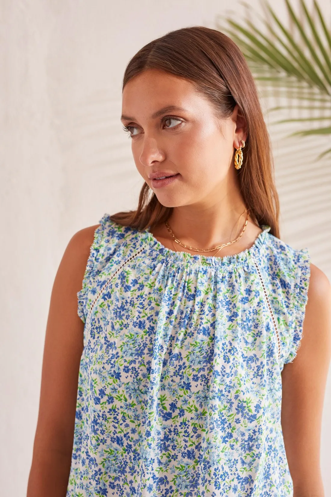 PRINTED SLEEVELESS BLOUSE WITH CROCHET TRIM-Azureblue sold by Tribal