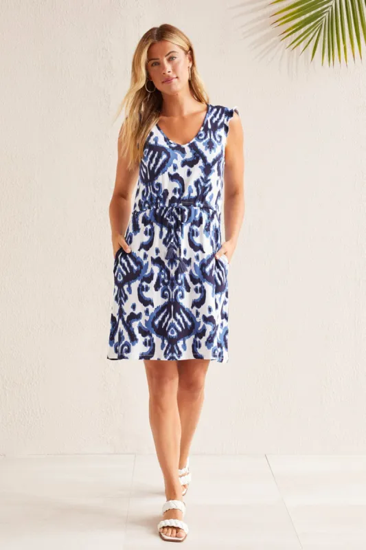 PRINTED JERSEY DRESS WITH DRAWCORD WAIST-Seasapphire sold by Tribal