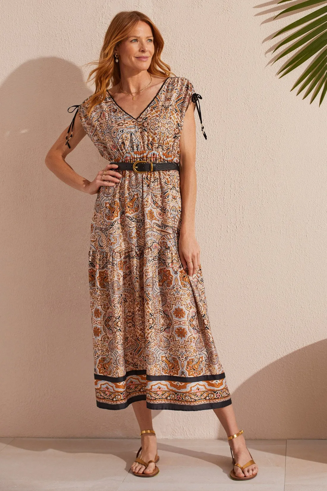 PRINTED MAXI DRESS WITH SHOULDER TIES-Caramel sold by Tribal product image thumbnail 3