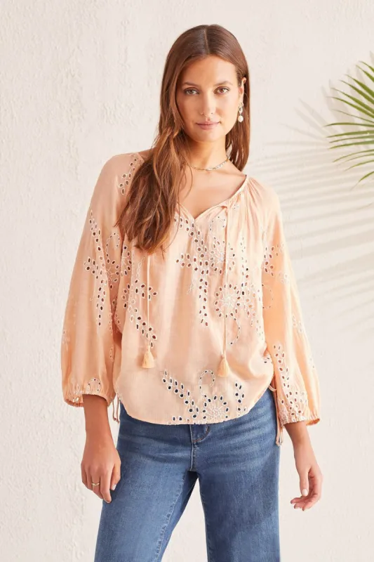 EMBROIDERED THREE-QUARTER SLEEVE BLOUSE-Peach sun sold by Tribal