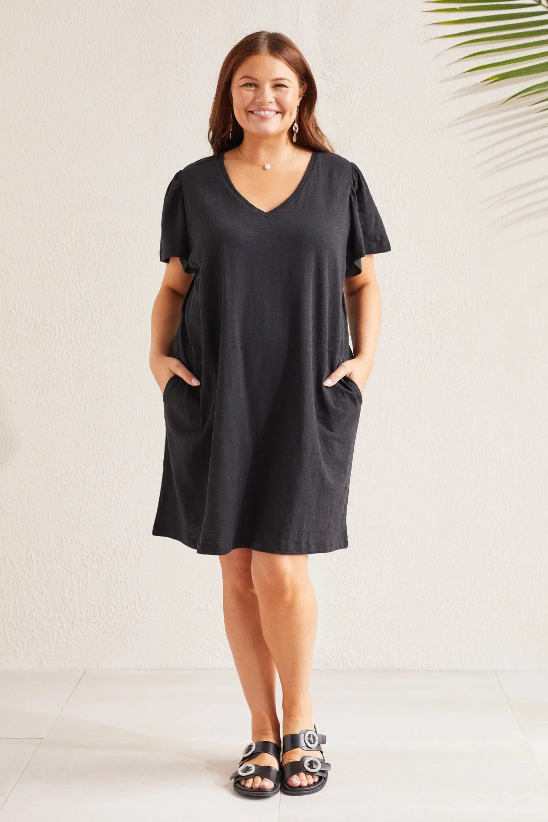 COTTON FLUTTER SLEEVE DRESS WITH POCKETS-Black sold by Tribal