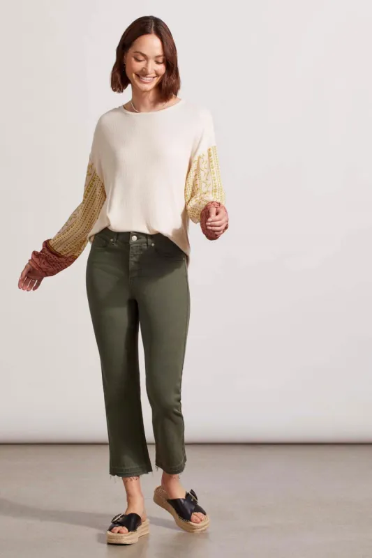 WAFFLE DROP SHOULDER TOP WITH COMBO PRINT SLEEVE-Sandust sold by Tribal