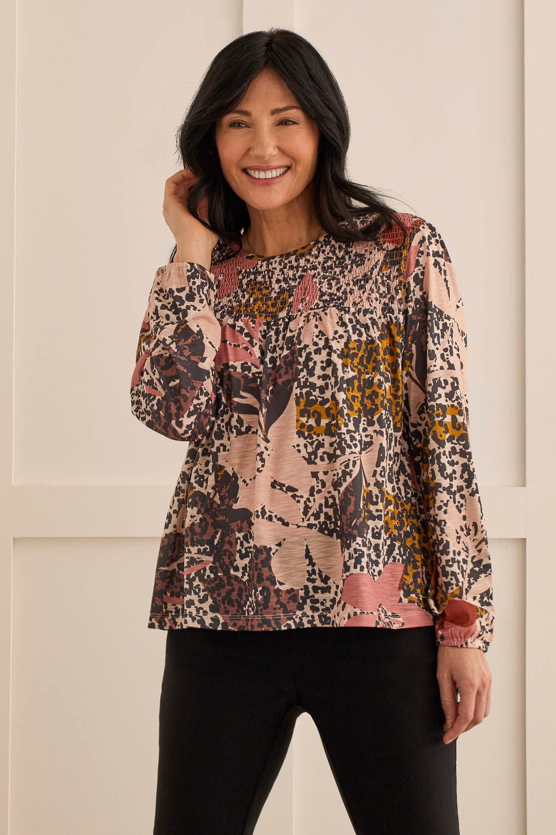 PRINTED FLOWY BLOUSE WITH SMOCKING-Nomad sold by Tribal