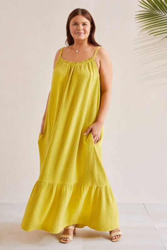 COTTON GAUZE MAXI DRESS WITH FRILLS AND POCKETS-W. limoncello sold by Tribal