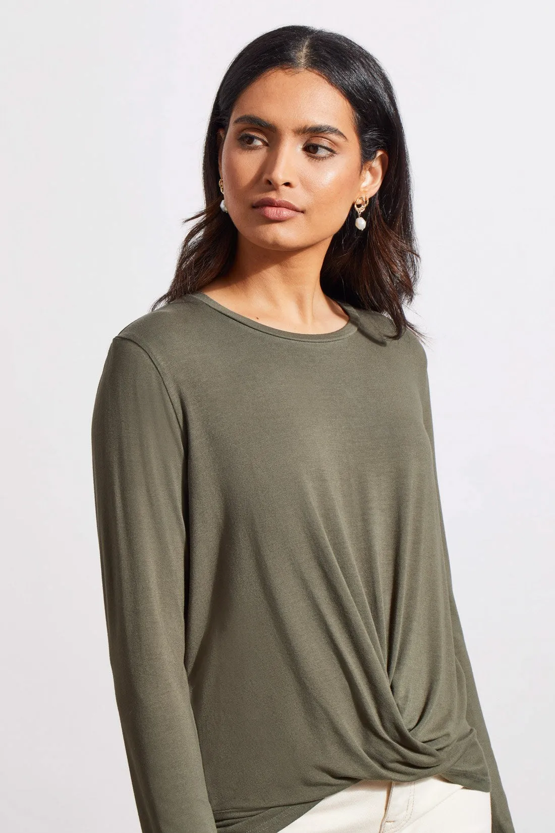 STRETCH CREW NECK TOP WITH TWIST FRONT-Ferngreen sold by Tribal