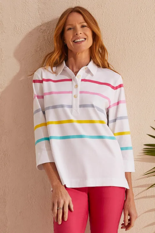 PRINTED STRIPE POLO WITH SIDE SLITS-Raspberry sold by Tribal